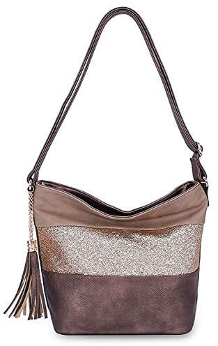 CRAZYCHIC - Damen Pailletten Umhängetasche - Schultertasche Weiches PU Leder Streifen Glitzer - Frau Shopper Hobo Bag - Casual Messenger Crossbody Bag - Mehrfarbig Beuteltasche Handtasche - Kaffee