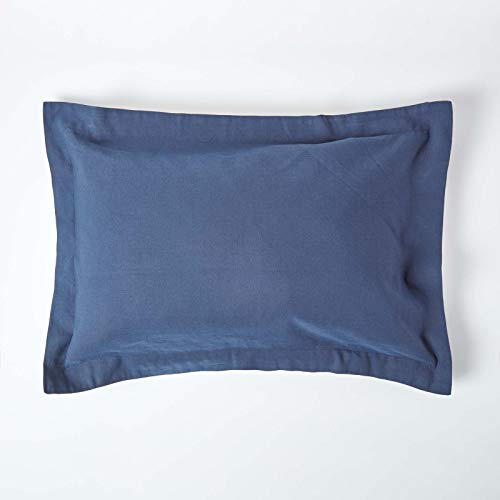HOMESCAPES Luxury Soft Linen Oxford Pillowcase Plain Navy Blue Textured Natural French Flax Fibre Linen & Pure 100% Cotton Blend Dark Blue Standard Oxford Style Pillowcase