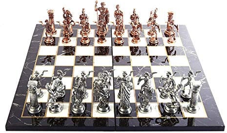 Historical Antique Copper Rome Figures Metal Chess Set for Adult,Handmade Pieces and Marble Design Wood Chess Board King 4.3 inc