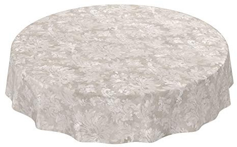 Wachstuchtischdecke abwaschbar Garten Tischdecke Wachstuch Rund Oval Eckig Indoor Outdoor Barock Rankenmuster Hellgrau-Beige Rund 120cm
