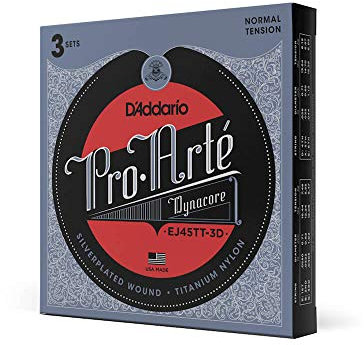 D'Addario Gitarrensaiten Konzertgitarre | Gitarrensaiten Akustikgitarre | EJ45TT Pro-Arte DynaCore Saiten für klassische Gitarre, Diskantsaiten aus Titan, normale Spannung, 3 Sätze