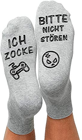 ANPLUS Gaming Socken, Bitte nicht stören, Ich Zocke - Grau, Unisex Erwachsene, Herren, 2 Stück, Größe 16-17, Cartoon lustige Socken