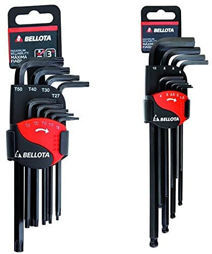 Bellota 6459-9 Tip - Pack De 9 Llaves Torx Punta Inviolables, Pavonadas En Doble Clip + 6457-9 - Llaves Allen, Herramienta Allen Fija De Forma Hexagonal, Con Cabeza De Bola