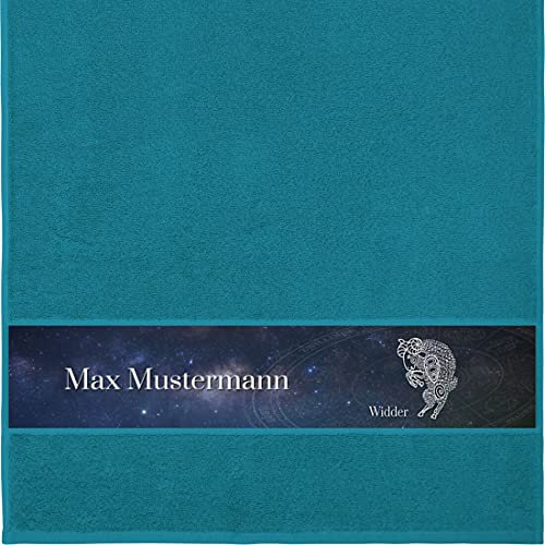 Manutextur Handtuch mit Namen - personalisiert - Motiv Sternzeichen Widder - viele Farben & Motive - Dusch-Handtuch - Petrol - Größe 50x100 cm - persönliches Geschenk mit Wunsch-Motiv und Wunsch-Name