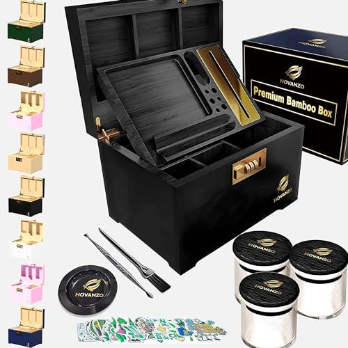 HOVANZO Premium Large Bamboo Storage Box with Combination Lock - Decorative Box Set - Large Wooden Container - Decorative Wood Storage with Accessories - Wood Kit with Glass Jars