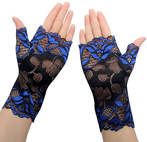 ihreesy Damen Spitze Halbfinger Handschuhe, 1 Paar Spitzenhandschuhe Spitzenhandschuhe Fingerlose Handschuhe Sonnenschutz Blumenspitze Handschuhe Hochzeitsfeier Kostümzubehör,Blau