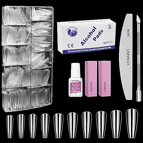 Künstliche Nägel Set, Venares 500 Stücke Acryl Künstliche Nägel 10 Größen Nageltips mit Kleber Nägel Feilen Nagelpuffer Block Remover Wraps, Acryl Künstliche Nagelspitzen Set(Transparent)
