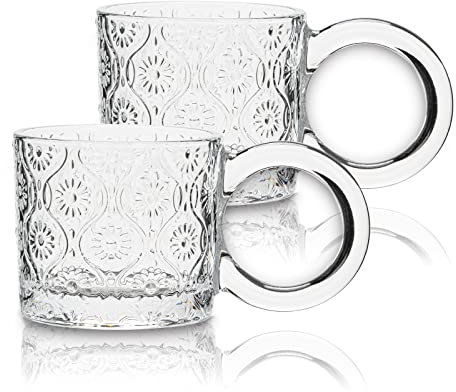 HolaJia Juego de 2 tazas de café de vidrio para café expreso, tazas de té transparentes en relieve, cristalería vintage con asa, vasos Demitasse para bebidas calientes (Begonia)
