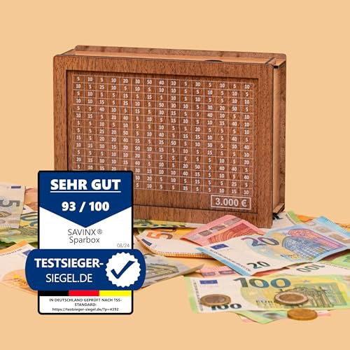 SparBox (4 Größen)- Wiederverwendbare Spardose mit Sparziel und Zahlen zum ankreuzen (3000€) Braun