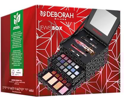 Deborah Milano - Trousse Set Regalo Donna Make Up Jewel Box, Kit Mascara e Matita Occhi, Labbra, Palette di Ombretti, Rossetti, Gloss e Polveri Viso dai Diversi Finish e Colori, in Carta FSC