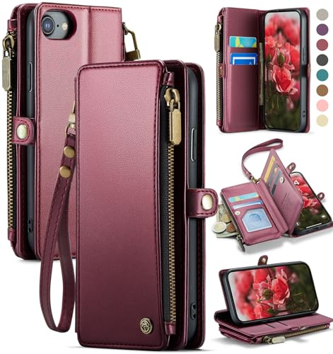 Defencase Compatible with iPhone SE 2020 2022 Case Wallet with RFID Blocking Card Holder for Women Men, PU Leather Magnetic Snap Flip Zipper Strap Wallet Phone Case Fit for iPhone SE/7/8, Wine Red