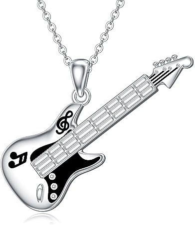YFN Gitarre Kette Sterling Silber Anhänger Gitarre Silber Kette E-Gitarren-Halskette Bass Musik Schmuck Geschenke für Gitarrenspieler Gitarrenliebhaber