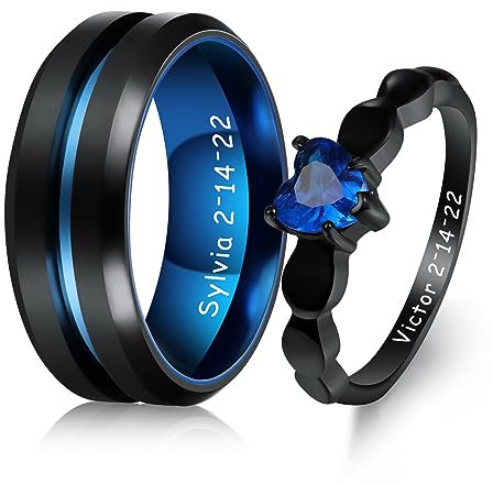 MeMeDIY Personalisierte Edelstahlpaare Ring Set, Gravierte Namen Versprechen Ringe Mit Herz Edelstein, Geschenktüte Enthalten (Stil 2)