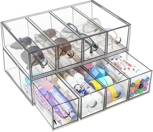 2 Packs Desk Organizer with 8 Drawers, ToyaJeco Stackable Desktop Storage Box with Removable Drawer, Clear Sunglasses Organizer Display Case for Stationery Marker Pens Eyeglasses Office Supply