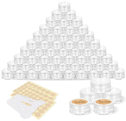 60 Pièces 5g Pots Cosmétique Transparent, Contenants Cosmétiques, Étanche Pot Vide Plastique Rond avec Couvercle Vissé, Pour Crèmes Lotions (6 Mini Spatule & 3 feuilles Étiquettes)