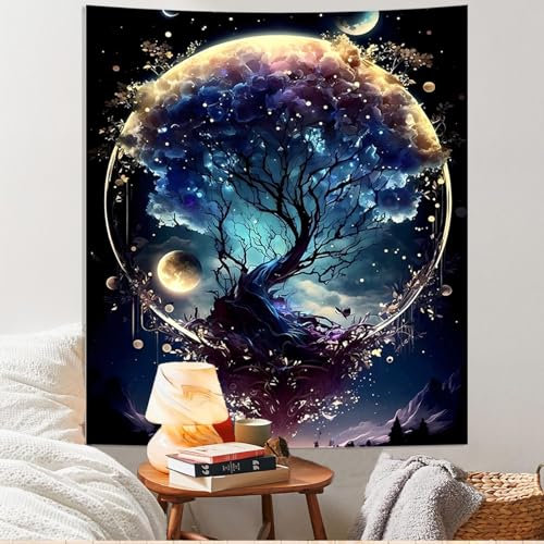 Atrippy Fantasy Moon Tree of Life Tapisserie, Wandbehang, vertikal, schwarz, Natur, Wandkunst, Wandteppich für Schlafzimmer, nordische Weltraumlandschaft, ästhetische Dekoration, Poster für
