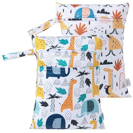 HBselect 2 Stück Nasstasche Wetbag Kindergarten wiederverwendbar Wet Dry Bag Windeltasche Nassbeutel Personalisiert for Baby Skizzierter Zoo