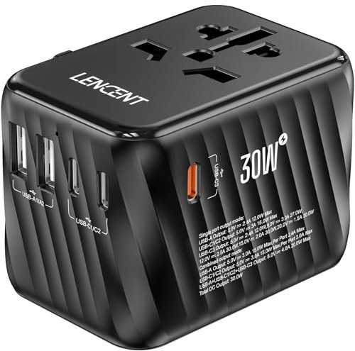 LENCENT Adaptador Enchufe Universal 30W, Cargador Internacional con 3 USB-C+2 USB-A Carga Rápida, Adaptador Enchufe Europeo para Móvil, Tableta, Portátil, EU/USA/UK/AU, Negro