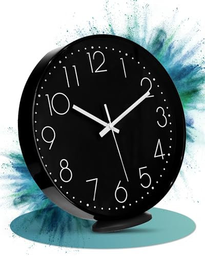 LATENO - Wanduhr Schwarz - Zum Aufstellen oder Aufhängen - 30 cm - Lautlos - Klassisch und Modern - Ohne Tickgeräusche - Für Wohnzimmer Büro UVM.