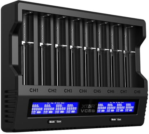 XTAR VC8S 18650 Universal Akkuladegerät USB C Schnellladegerät mit LCD-Display, Kapazitätsprüfung und 8 Ladeslots für 1.2V AA 21700 26650 Wiederaufladbare Batterien – Baterieaufladegerät (VC8S KT)
