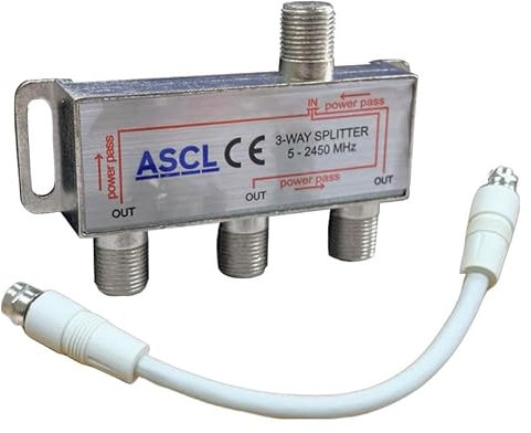 ASCL 1 in 3 Output TV Aerial Coaxial Cable 3 Way Splitter with White F Plug Connector Patch Cable