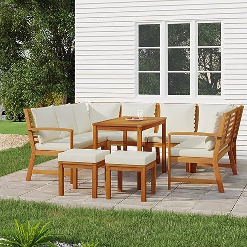 CKioict Gartenbank Balkon Sessel Outdoor Sessel 9-TLG. Garten-Essgruppe mit Kissen Massivholz AkazieFür Gärten, Terrassen, Balkone