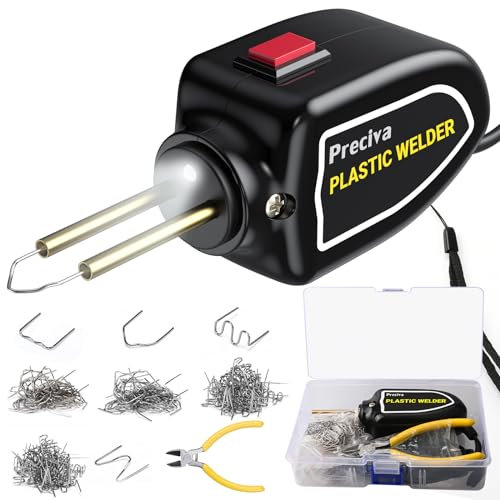 Portable Plastic Welding Kits,4 Shapes/200pcs Hot Staples,Preciva 100W Mini Plastic Repair Kit Brass Heating Core with Double Led Light, for Welding Broken Plastics, Car Bumper, etc