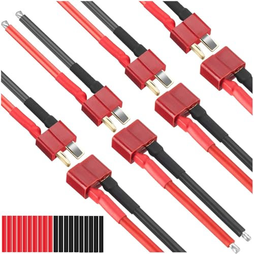 MKBKLLJY 4Pairs Deans Style T Plug Female and Male Connector,with 14AWG 100mm Soft Silicone Wire Cable and Heat Shrink Tubing for RC Lipo Battery Cable Drone Airplane Quadcopter Car Boat Charger