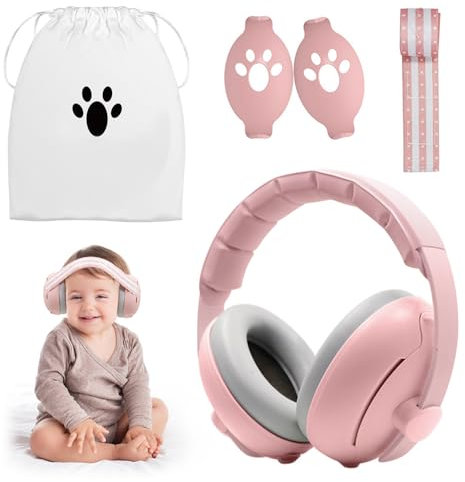 PLLYPE 2-in-1 Baby Ear Defenders, Noise Cancelling Headphones for Babies and Toddlers up to 5 Year, Kids Earmuffs Noise Reduction with Adjustable Headband for Improve Sleep Against Hearing Damage Pink