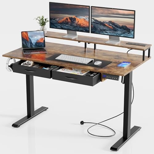 COWISH Standing Desk, Electric Height Adjustable Desk with 3 AC Outlets & 2 USB Ports, 120 * 60 cm Stand Up Desk with 2 Drawers and Large Monitor Stand, Rustic Brown