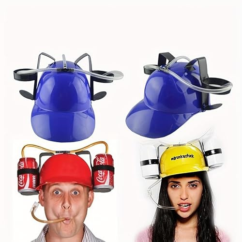 SZHXVIVISY Creative soda beer drinking helmet lazy drink drinking hat for sports events beer cap with hose and can holder hands free party drink dispenser (Blue)