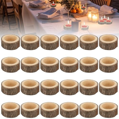 24 Stück Teelichthalter aus Holz, Rund Kerzenhalter Holz, Personalisierbar Holz Kerzenständer Votivkerzenhalter Set für Hochzeiten Halloween Weihnachten Valentinstag Tisch Heimdekoration