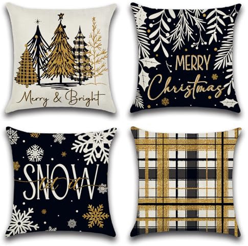Ohok 4er Set Dekorativ Kissenbezug 45x45 cm, Polyester Leinen Zierkissenbezüge Weihnachten Kissenbezüge Deko Kissenhülle Set für Schlafzimmer Wohnzimmer Sofa Couch Auto (Gold&Schwarz)