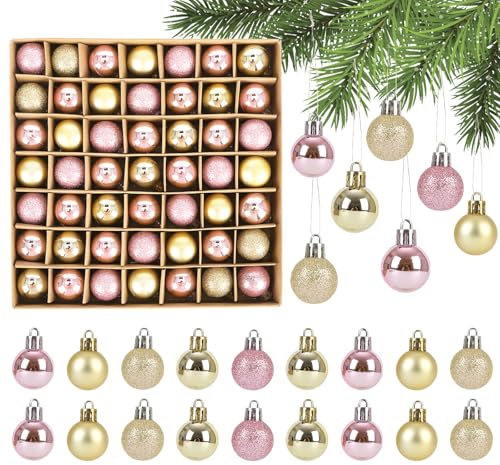 Yomaido Weihnachtskugeln 49 Stück Gold Rosa, 3cm Christbaumkugeln Kunststoff mit Haken Strings, Mini Weihnachtskugeln Set für Urlaub Hochzeit Weihnachtsbaum Kranz Girlande Ornamente