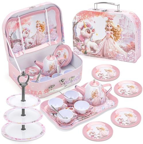 deAO Tea 22 Piece Die-cast Pretend Role Set & Portable Carry Case Party Playset Toy Play Kitchen Accessories for Toddlers Children Girls Red for Christmas