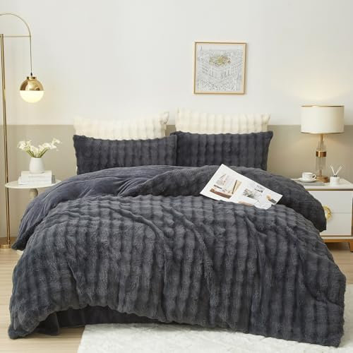 Luofanfei Winter Plüsch Bettwäsche 155x220 Grau Uni Kuschelig Flauschig Fleece Warme Flanell Bettwäsche Set Winterbettwäsche Nicki Microfaser Bettbezug und Kissenbezüge 80x80 mit Reißverschluss