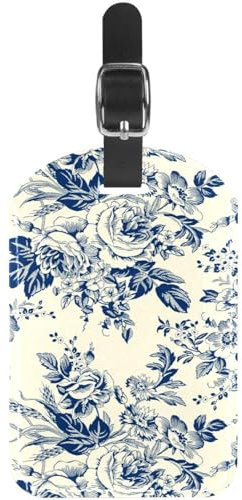 LVTISEE Lot de 1 étiquette de bagage pour valise, vintage indigo roses et branches en cuir synthétique avec housse de confidentialité pour voyage