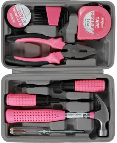 13 Pcs Small Tool Kit for Women Men Household Mini Tool Sets DIY Hand Tool Home Repair Tool Box with Tools Included Hammer Allen Key Set Electrical Tape Screwdriver Test Pen Wire Plier Bits Pink