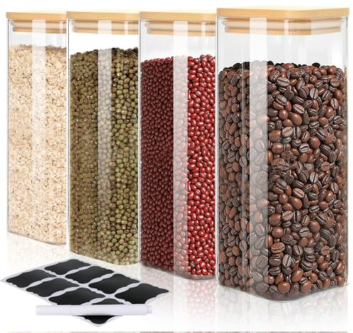 FoiiLiio Bocaux en Verre Lot de 4 Bocaux en Verre Hermétique 1000ml Pot en Verre avec Couvercle Bambou, pour Céréales, Cornflakes, Haricots