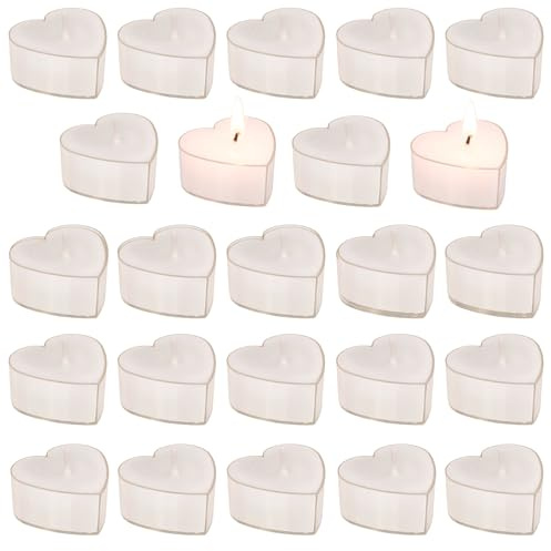 Set Teelicht in Herzform - ca. 4 x 4 cm - Wählbare Farben Rot oder Weiß - Romantische Beleuchtung für jeden Anlass (Weiß - 24 Stück)