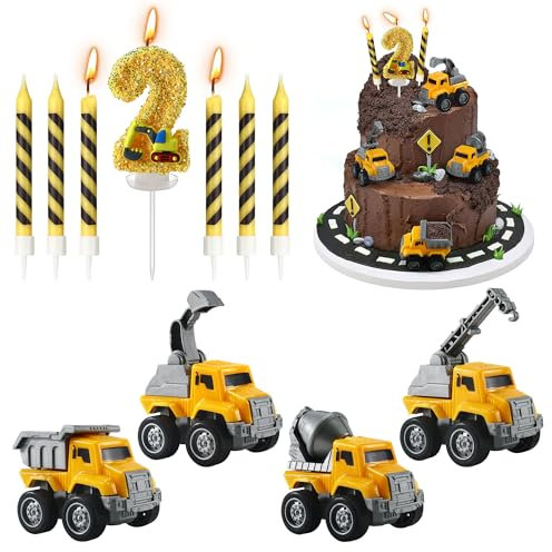 Construction Birthday Candles, 11 Pcs Construction Vehicles Cake Toppers Set with Birthday Number 2 Candle Cake Topper Digger Cake Topper for Birthday Anniversary Party Cake Decorations (Number 2)
