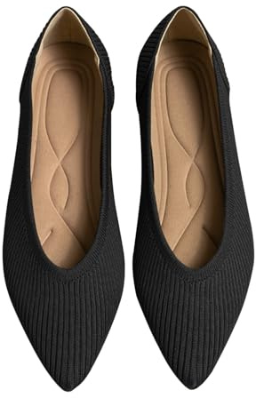 TINGRISE Women's Flats Shoes Pointed Toe Knit Ballet Comfortable Dressy Slip On Flat