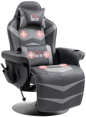 HOMCOM Massage Gaming Chair, Swivel Racing Video Gaming Recliner with Retractable Footrest, Headrest, Cup Holders and Side Pockets, Ergonomic High Back PU Leather Executive Desk Chair, Grey