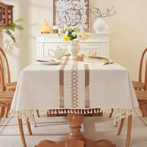 Lifetooler Tischdecke Abwaschbar Baumwolle Leinen Tischdecken Rechteckig Wasserdicht mit Quasten Tischtuch Modern für Küche Outdoor Tischdekoration(Beige,140x220cm)