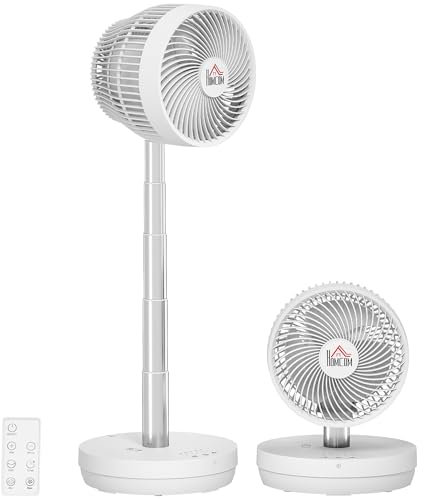 HOMCOM Ventilador de sobremesa con mando a distancia y batería recargable, ventilador de pie portátil alimentado por USB con inclinación y altura ajustables, oscilante, 10 velocidades y temporizador