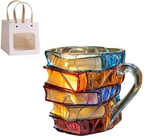 Taza de libro pintada, taza de café con libros 3D novedosos de 325 ml, taza hecha a mano con forma de pila de libros de vidrio, regalos únicos para los amantes de los libros, lectores, escritores y