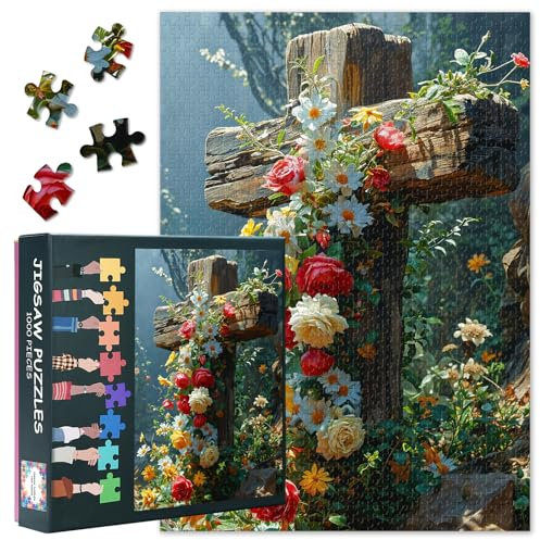Holzkreuz Mit Blumen Puzzles 1000 Teile Für Erwachsene Schwierige Herausforderung Kreuzpuzzle Erwachsene Geschenke Für Puzzle-Liebhaber Puzzle-Kunst Für Kunstwerk Heimdekoration 50cmx70cm
