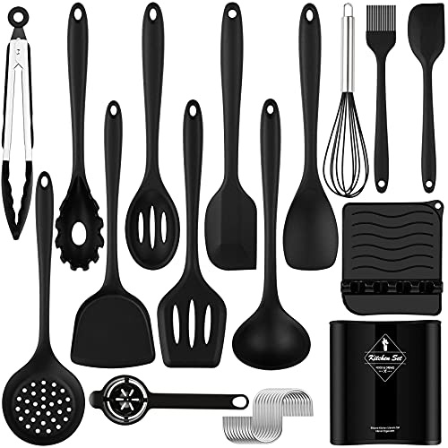 FUKTSYSM Kitchen Utensils Set - 25pcs Silicone Kitchen Utensils Set, for Nonstick Cookware, Kitchen Tools Spatula Spoons Turner Brush Whisk, Heat Resistant and Easy Clean, Black
