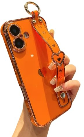 DEFBSC for iPhone 16 Case with Wrist Strap, Plating Heart, Orange | Cute Side Love Pattern Phone Case with Wristband Finger Holder Stand Soft TPU Bumper Shockproof Protective Cover