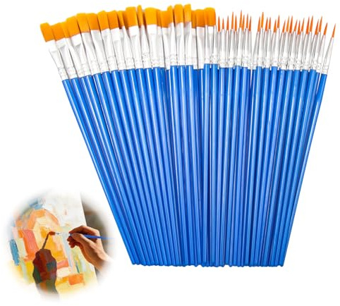 QLK Small Paint Brushes Set, 60 PCS Nylon Paintbrushes Bulk with Flat and Round Pointed, Children's Number Oil Paintbrush Set for Detail Painting Kids Beginners Acrylic Watercolor (Blue)